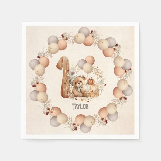 キュートベア秋バリー1st誕生日紙ナプキンス スタンダードカクテルナプキン (正面)