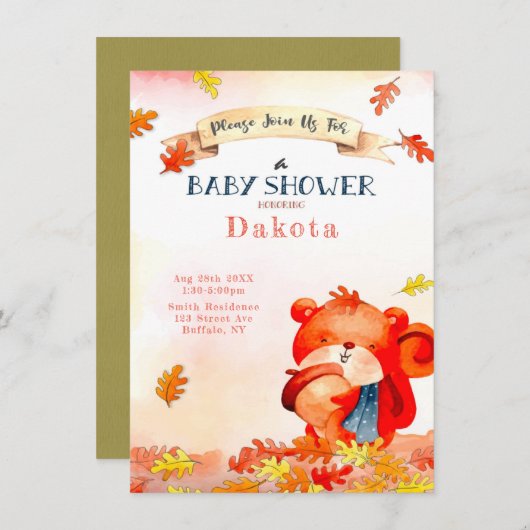 キュートベア秋秋ベビーシャワー招待状 招待状 (正面/裏面)