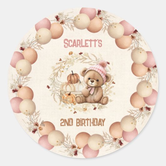 キュートベア秋誕生日ガールスティッカー ラウンドシール (正面)