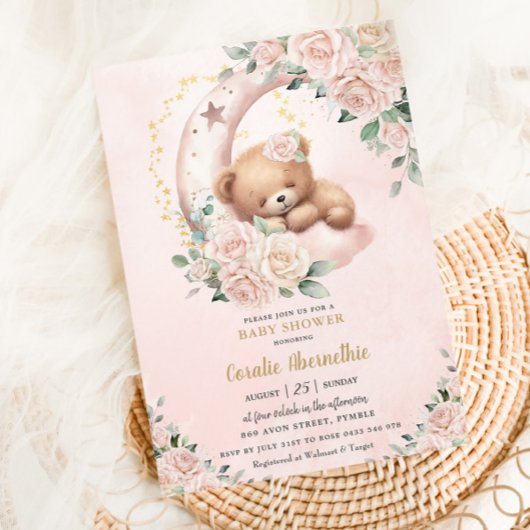 キュートベア赤面アイボリーフローラガールベビーシャワー 招待状