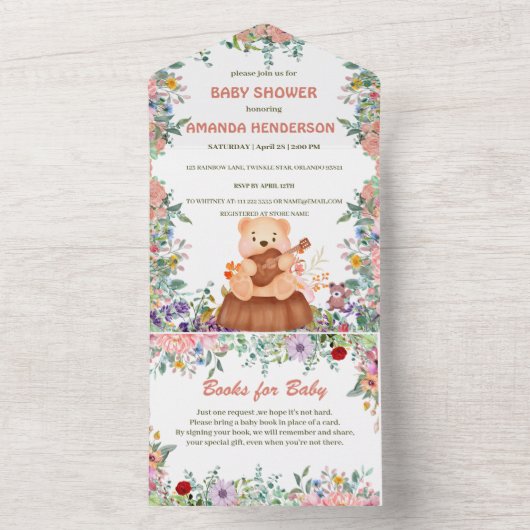 キュートベア遊ギターフローラウォーター色ベビーシャワー オールインワン招待状 (内側)