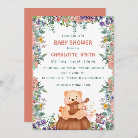キュートベア遊ギターフローラウォーター色ベビーシャワー 招待状 (正面/裏面)