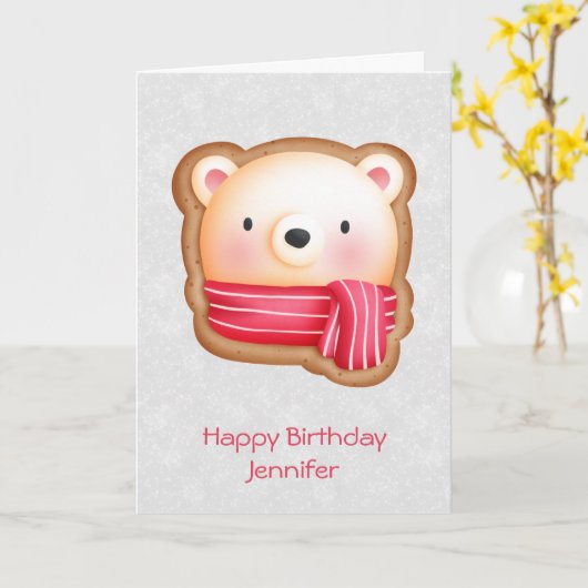 キュートベア顔レッドスカーフ&ローズチーククリスマス カード (黄色い花)