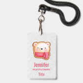 キュートベア顔レッドスカーフ&ローズチーククリスマス バッジ (Front with Lanyard)