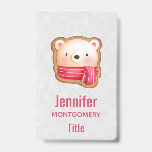 キュートベア顔レッドスカーフ&ローズチーククリスマス バッジ (Front)