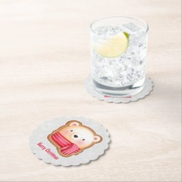 キュートベア顔レッドスカーフ&ローズチーククリスマス ペーパーコースター