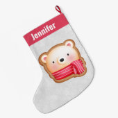 キュートベア顔レッドスカーフ&ローズチーククリスマス ラージクリスマスストッキング (裏面 (吊り時))