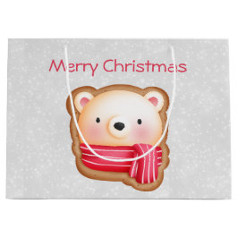 キュートベア顔レッドスカーフ&ローズチーククリスマス ラージペーパーバッグ