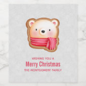 キュートベア顔レッドスカーフ&ローズチーククリスマス ワインラベル (シングルラベル)