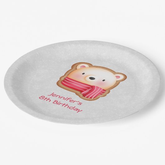 キュートベア顔レッドスカーフ&ローズチーク誕生日 ペーパープレート (アングル)