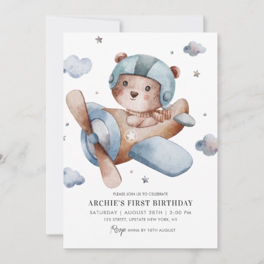 キュートベア飛行機タイムフライ1st誕生日パーティー 招待状 (正面)