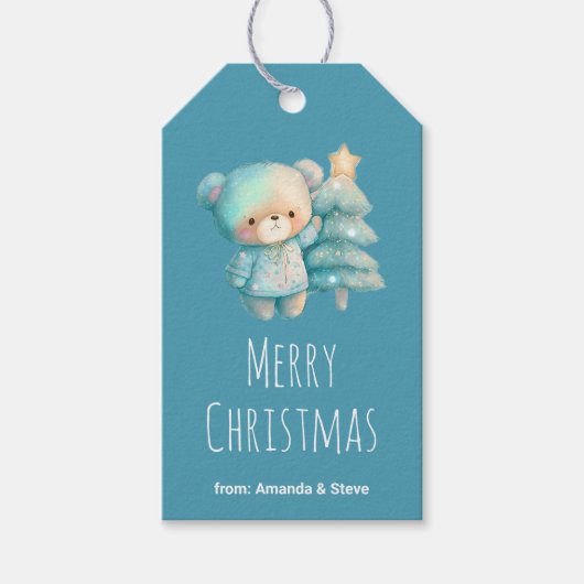 キュートベア&クリスマスツリーティール（緑がかった色）ホリデー ギフトタグ (正面)