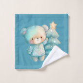 キュートベア&クリスマスツリーティール(緑がかった色)ホリデー バスタオルセット (ウォッシュタオル)