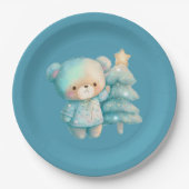 キュートベア&クリスマスツリーティール（緑がかった色）ホリデー ペーパープレート (正面)