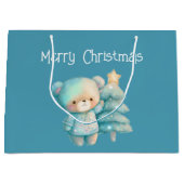 キュートベア&クリスマスツリーティール（緑がかった色）ホリデー ラージペーパーバッグ