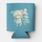 キュートベア&クリスマスツリーティール（緑がかった色）ホリデー 缶クーラー (正面)