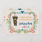 キュートベア&フローラリース誕生日招待状 招待状 (正面/裏面)