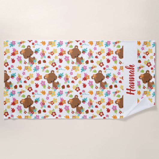 キュートベア&葉小さな女の子名パーソナライズされた前 ビーチタオル (正面)