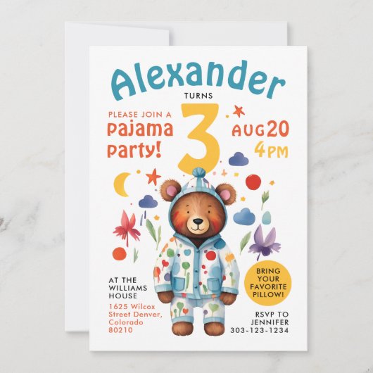 キュートベカラフルアーパジャマ誕生日水彩 招待状 (正面)