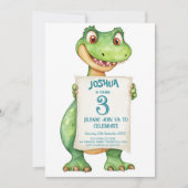 キュートベビーグリーン恐竜子供の誕生日パーティー 招待状 (正面)