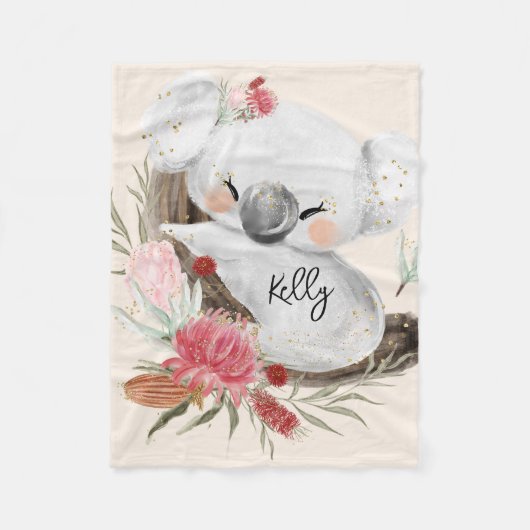 キュートベビーコアラ金ゴールドスペックル名前をカスタムする フリースブランケット (正面)