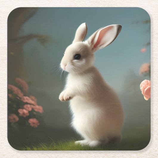 キュートベビーバニーポートレート スクエアペーパーコースター (正面)
