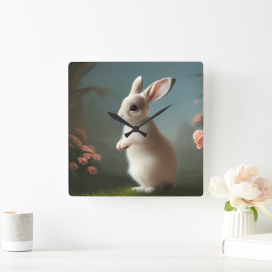 キュートベビーバニーポートレート スクエア壁時計 (ホーム)