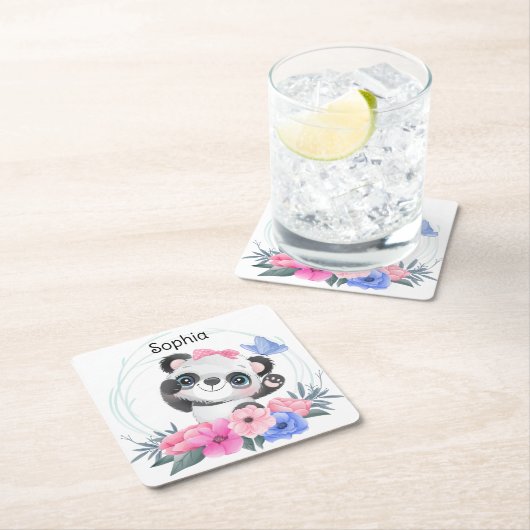 キュートベビーパンダフラワーリース名前をカスタムする スクエアペーパーコースター (インサイチュ)