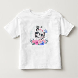 キュートベビーパンダフラワーリース名前をカスタムする トドラーTシャツ