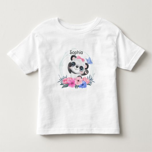 キュートベビーパンダフラワーリース名前をカスタムする トドラーTシャツ (正面)