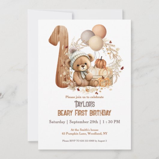 キュートベビーベア秋ベアリー1st誕生日招待状 招待状 (正面)