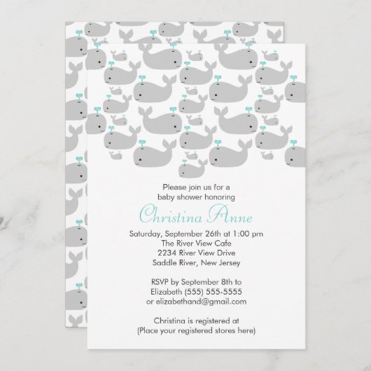 キュートベビーホエールベビーシャワー招待状 招待状 (正面/裏面)