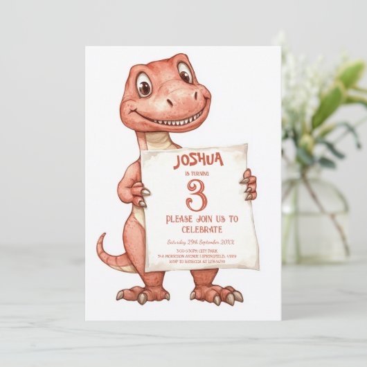 キュートベビーレッド恐竜子供の誕生日パーティー 招待状 (スタンド正面)