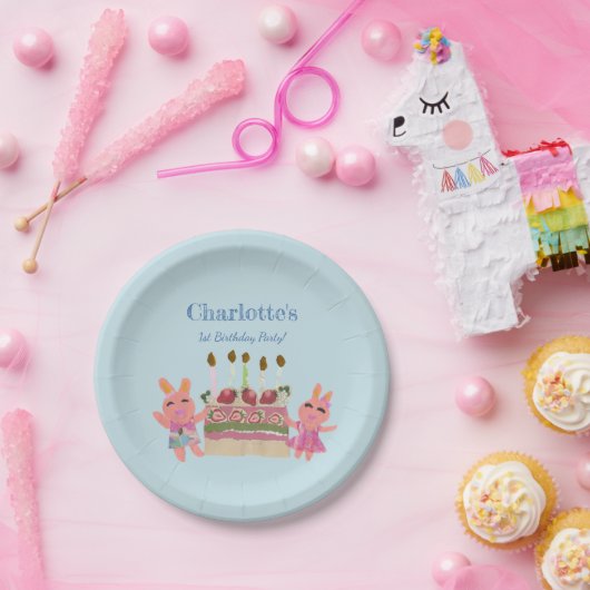キュートベリースイートバニーブルー子供の誕生日パーティー ペーパープレート (パーティー)