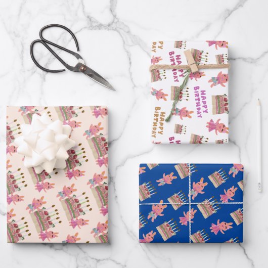 キュートベリースイートバンニーズピンクホワイトブルー誕生日 ラッピングペーパーシート (正面)