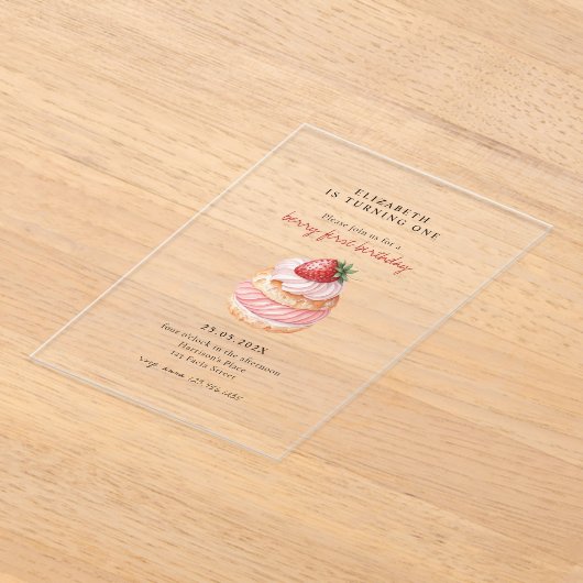 キュートベリースイートピンクファースト誕生日 アクリル招待状 (レイダウン)