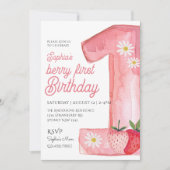 キュートベリーファースト誕生日ウオーターカラーイチゴ 招待状 (正面)