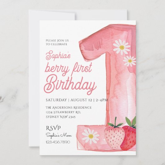 キュートベリーファースト誕生日ウオーターカラーイチゴ 招待状 (正面)