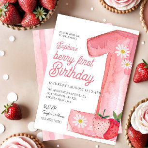 キュートベリーファースト誕生日ウオーターカラーイチゴ 招待状