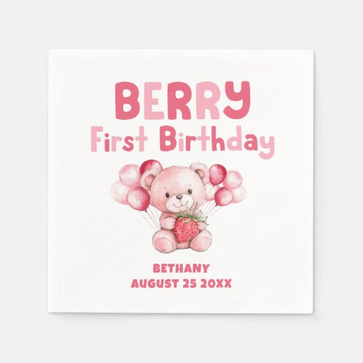 キュートベリーファースト誕生日ストロベリーピンク スタンダードカクテルナプキン (正面)