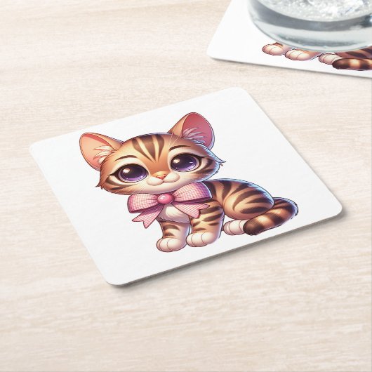 キュートベンガル猫好きおもしろい子猫マムキッテン スクエアペーパーコースター (アングル)