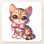 キュートベンガル猫好きおもしろい子猫マムキッテン スクエアペーパーコースター (正面)