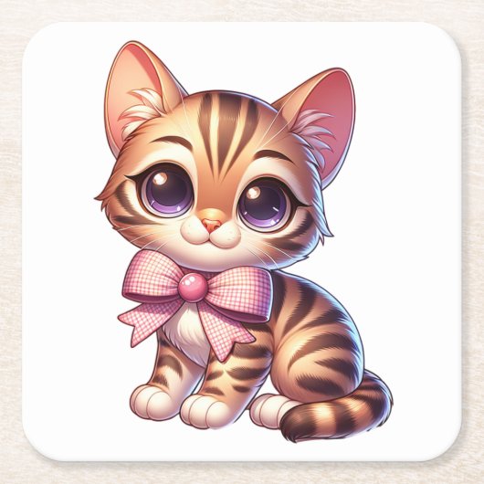 キュートベンガル猫好きおもしろい子猫マムキッテン スクエアペーパーコースター (正面)