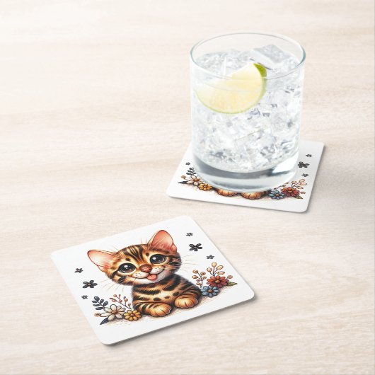 キュートベンガル猫好きキッテン子猫ママムフェライン スクエアペーパーコースター (インサイチュ)