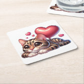 キュートベンガル猫好き赤いハートキッテン子猫ママ スクエアペーパーコースター (アングル)