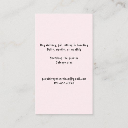 キュートペットシッタードッグウォーカートリマー赤面ピンク 名刺 (裏面)