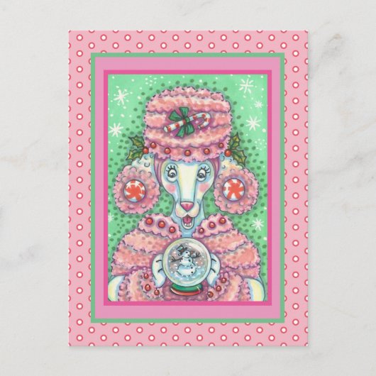 キュートペパーミントピンクプードル及びスノーグローブ雪だるま ポストカード (正面)