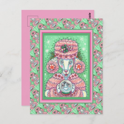 キュートペパーミントピンクプードル及びスノーグローブ雪だるま ポストカード (正面/裏面)
