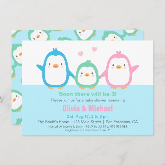 キュートペンカラフルギンベビーシャワー招待状 招待状 (正面/裏面)