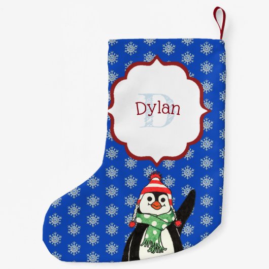 キュートペンギンとスノーフレークモノグラムのストッキング スモールクリスマスストッキング (裏面)